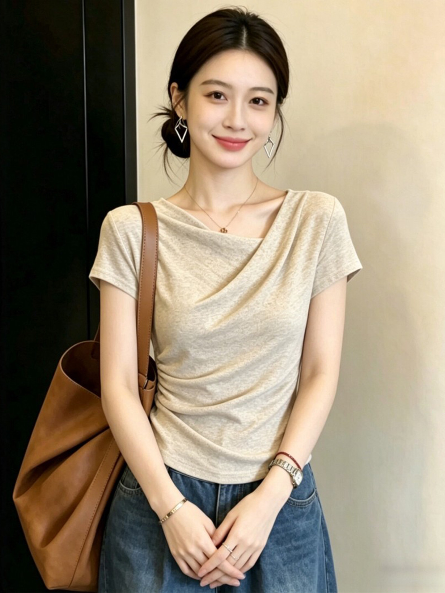 Women's Khaki Ruched Slim Fit Asymmetric Neck Short Sleeve T-Shirt Summer 2026 - Image 3