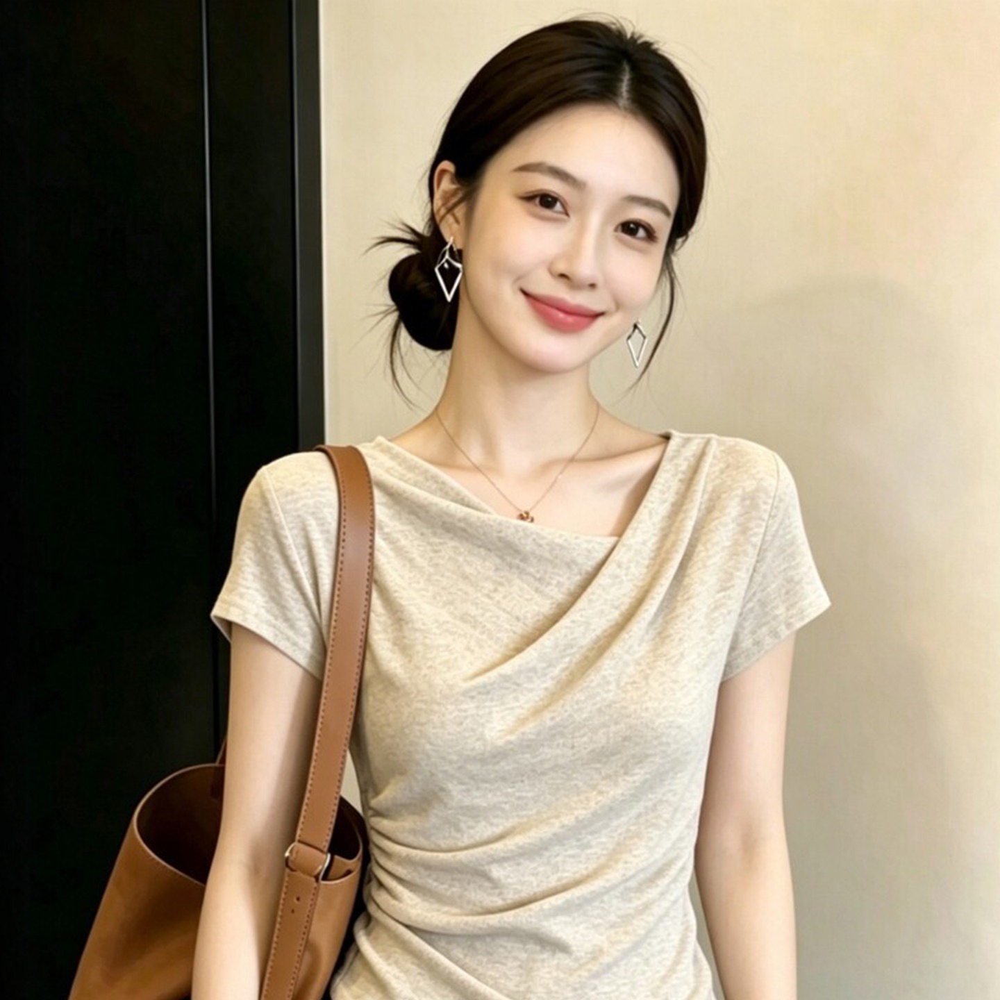 Women's Khaki Ruched Slim Fit Asymmetric Neck Short Sleeve T-Shirt Summer 2026 - Image 5