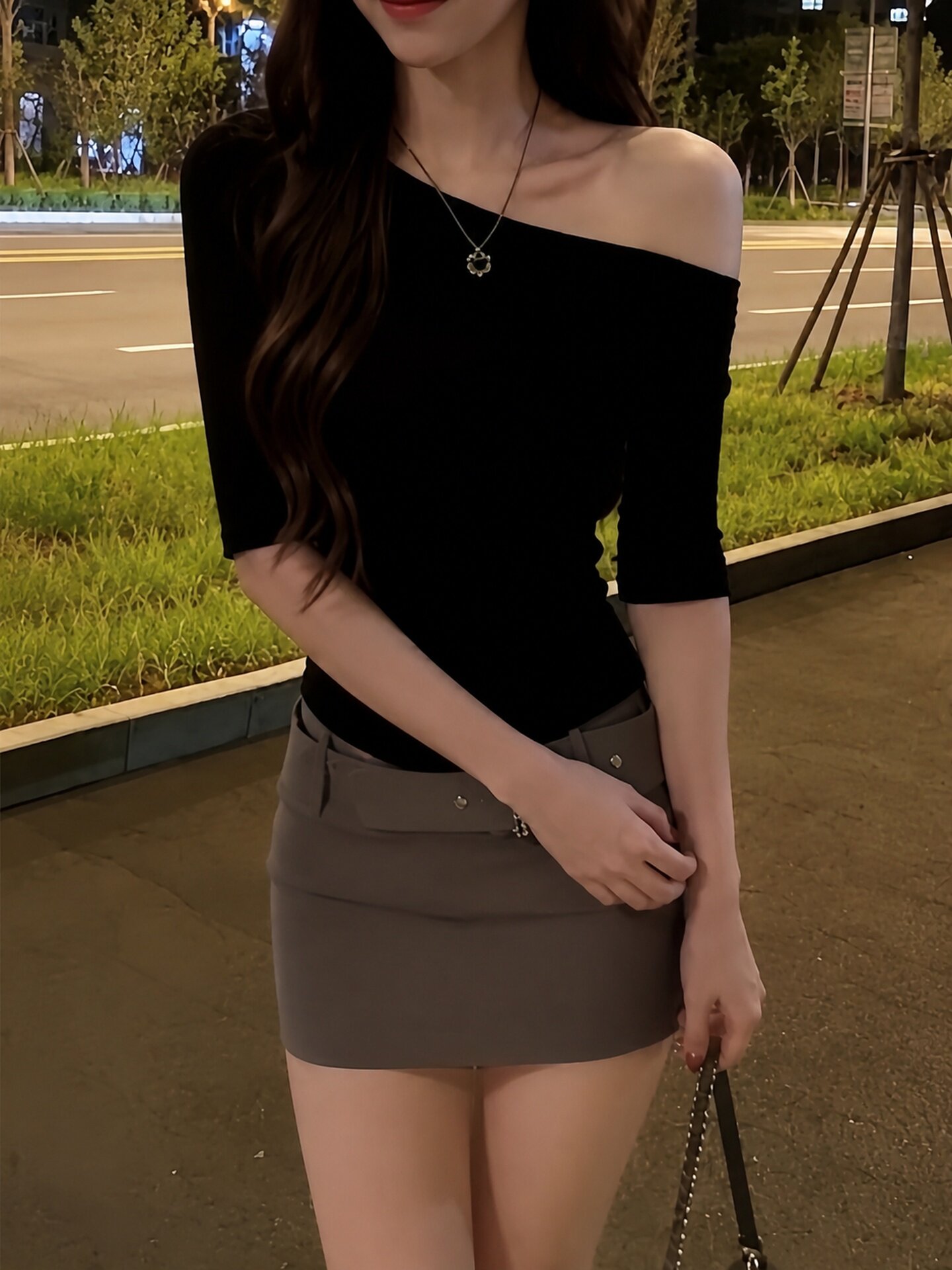 Women's Black One-Shoulder Slim Short-Sleeve T-Shirt 2026 Spring Casual Top - Image 3