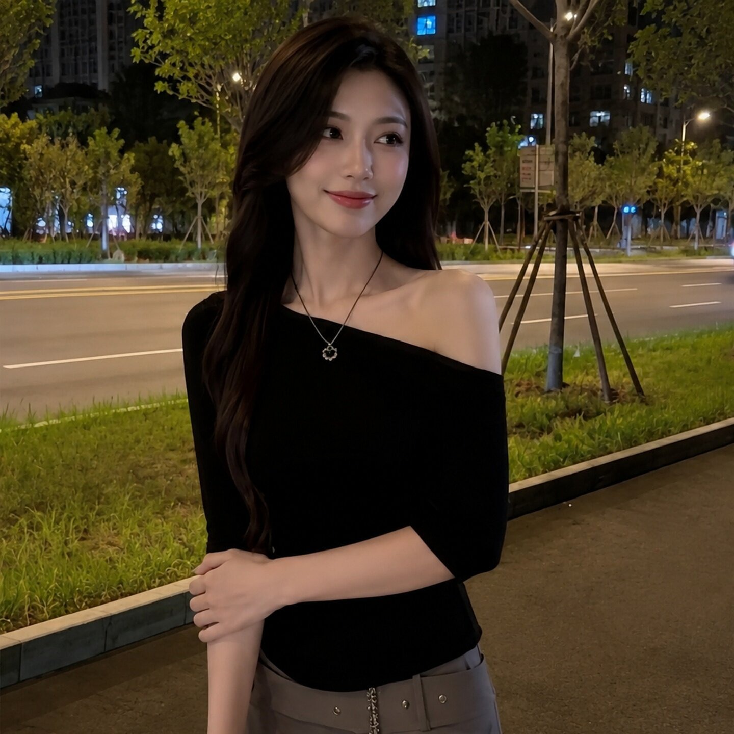 Women's Black One-Shoulder Slim Short-Sleeve T-Shirt 2026 Spring Casual Top - Image 5