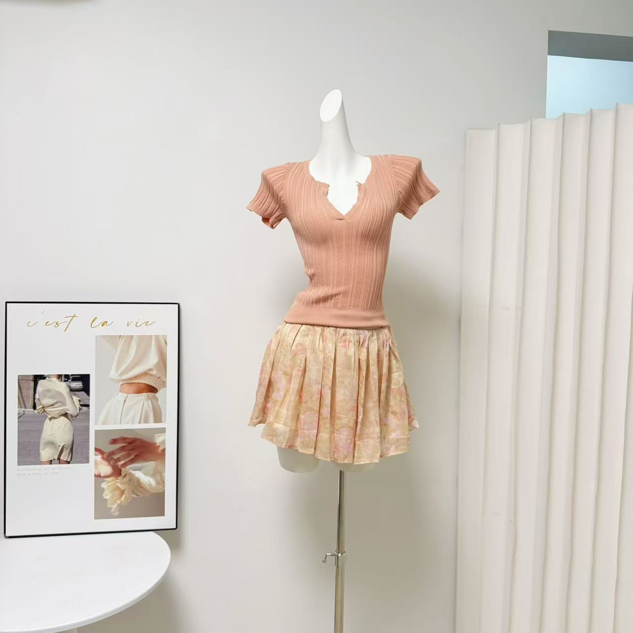 Farte Shop Camellia Song Pink Double-Layer Chiffon Tie-Front Floral Mini Skirt for Women Spring Summer