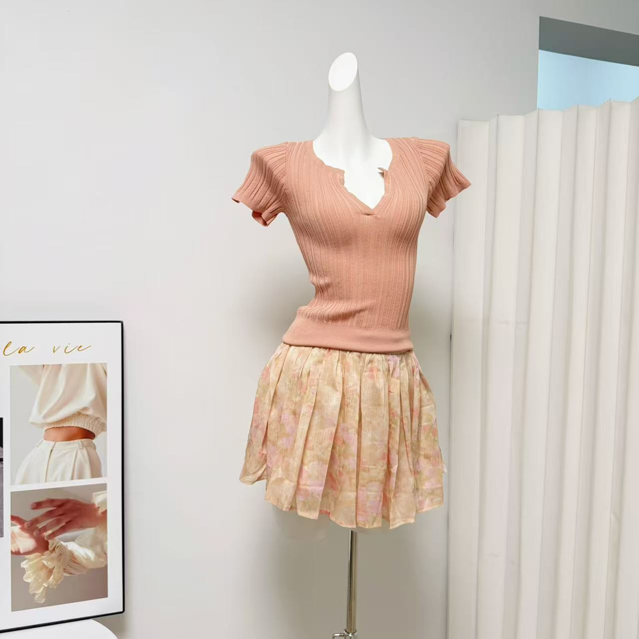 Farte Shop Camellia Song Pink Double-Layer Chiffon Tie-Front Floral Mini Skirt for Women Spring Summer
