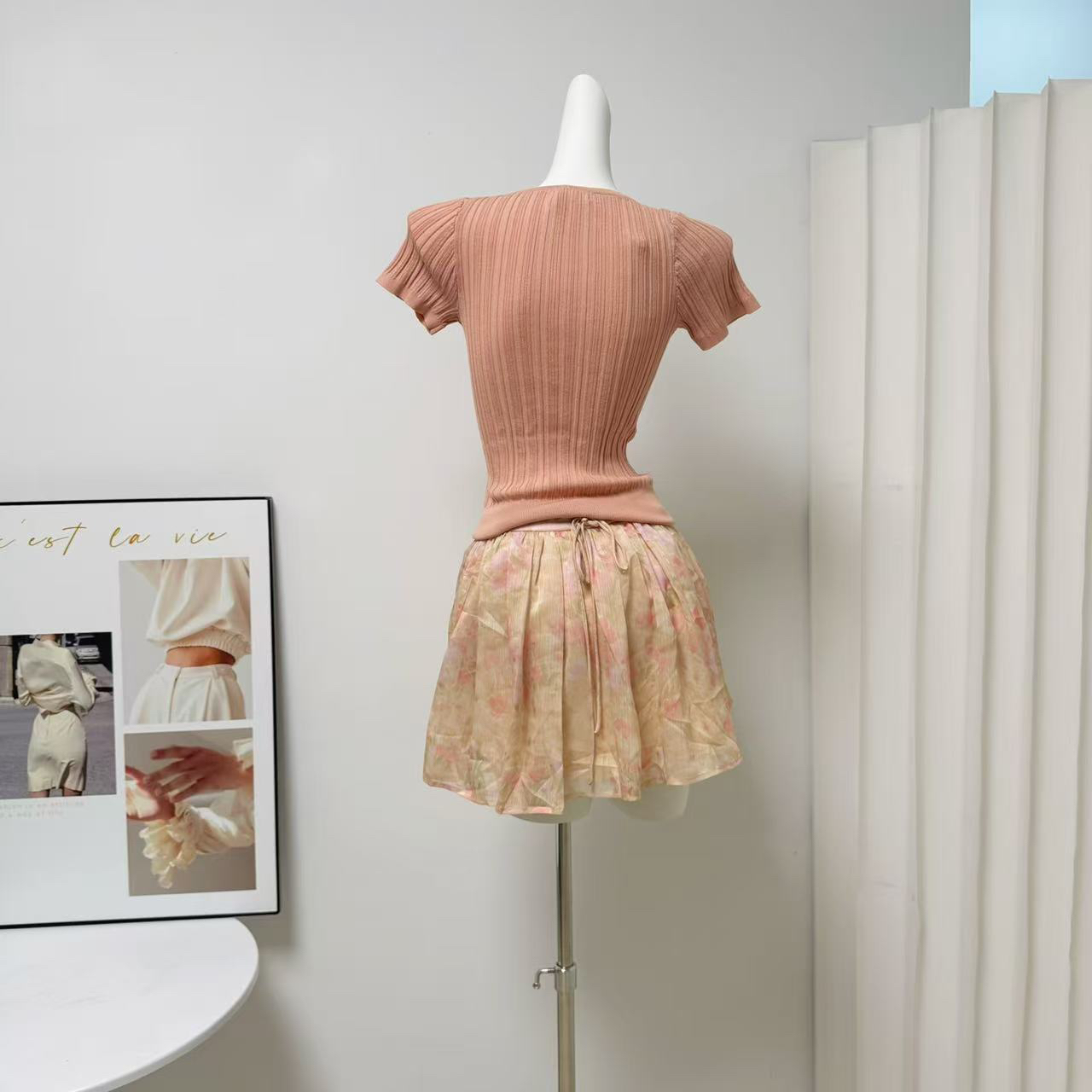 Farte Shop Camellia Song Pink Double-Layer Chiffon Tie-Front Floral Mini Skirt for Women Spring Summer - Image 5