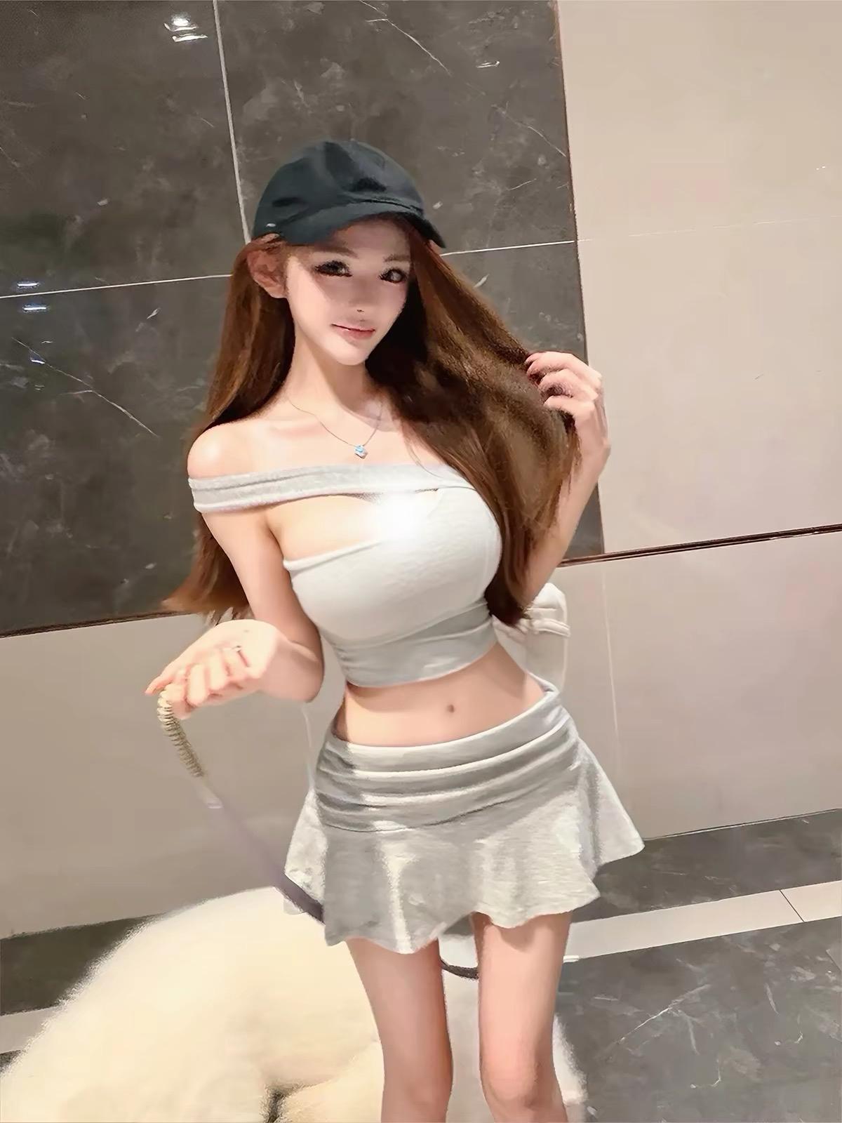 Korean Style Two-Piece Set with Padded One-Shoulder Crop Top and Mini Skirt with Safety Shorts - Image 3