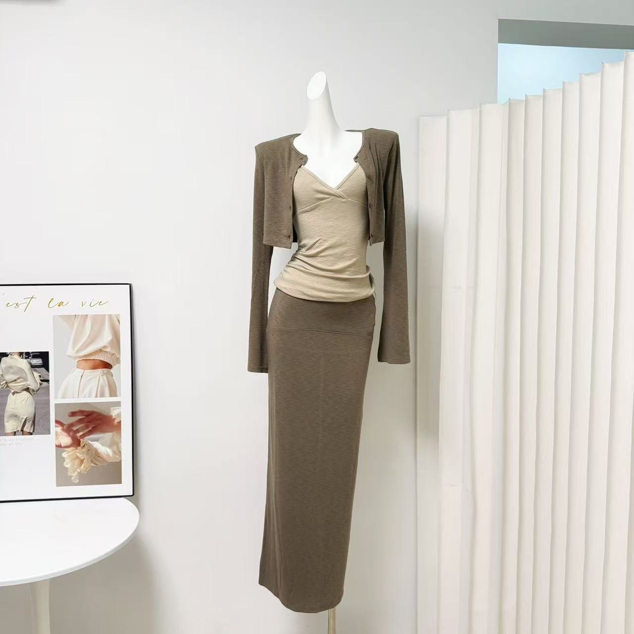 Cozy Knit Three-Piece Set: Cardigan, Cami, and Straight Skirt
