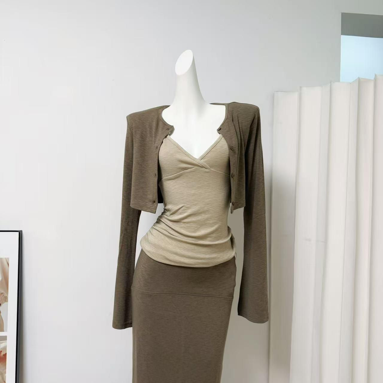 Cozy Knit Three-Piece Set: Cardigan, Cami, and Straight Skirt - Image 3