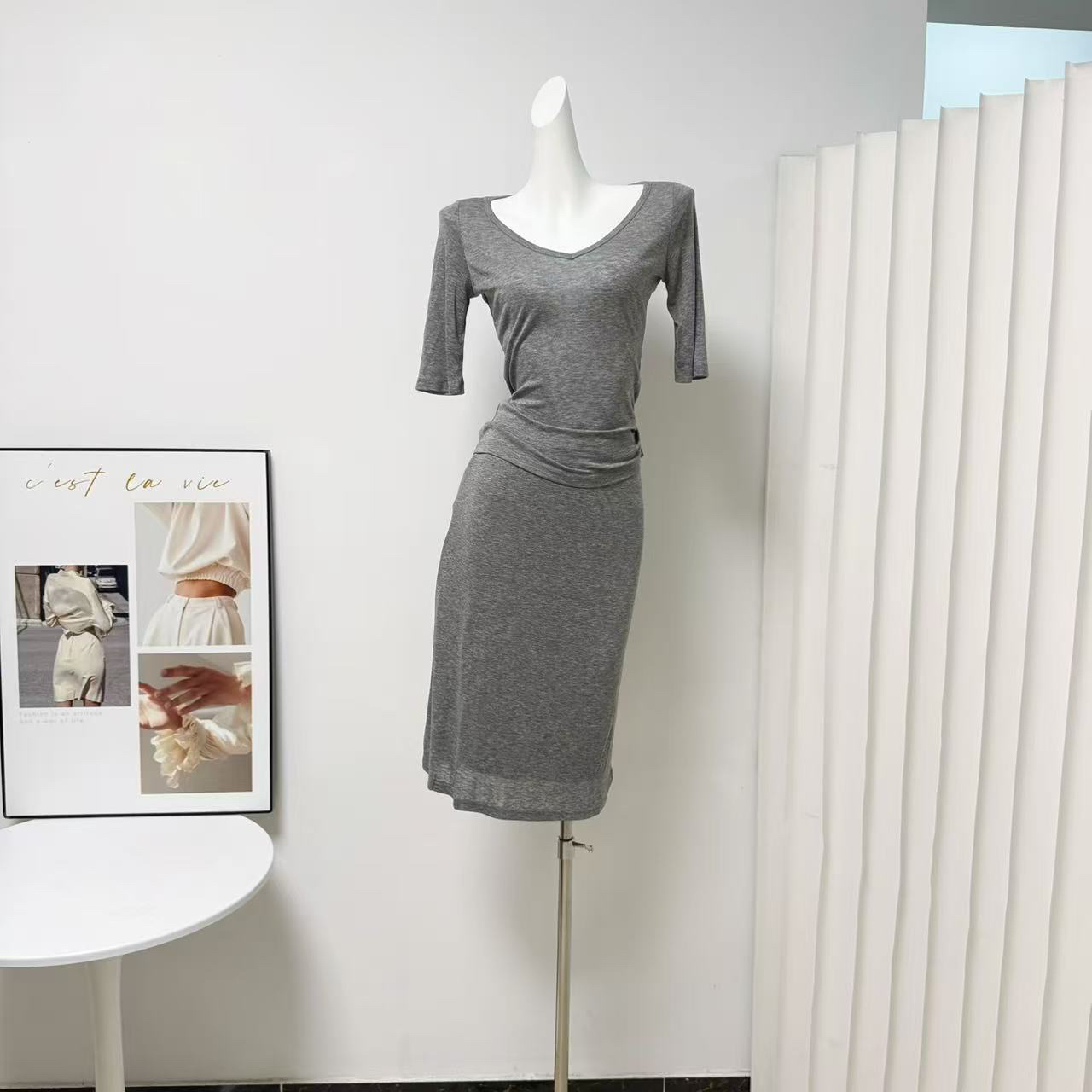 YY Women’s Lyocell Wool V-Neck Mid-Sleeve T-Shirt and Straight Midi Skirt Set Summer
