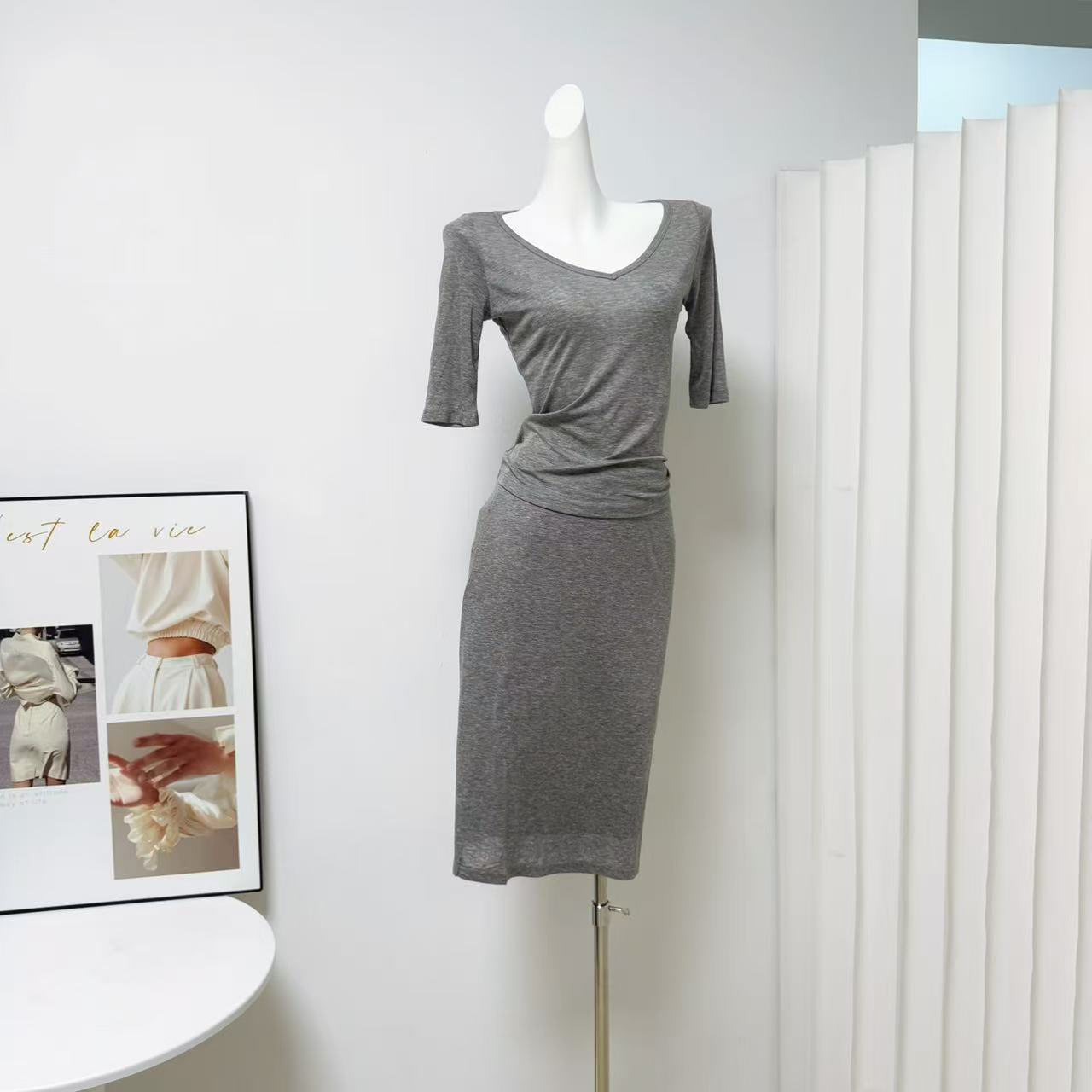 YY Women’s Lyocell Wool V-Neck Mid-Sleeve T-Shirt and Straight Midi Skirt Set Summer