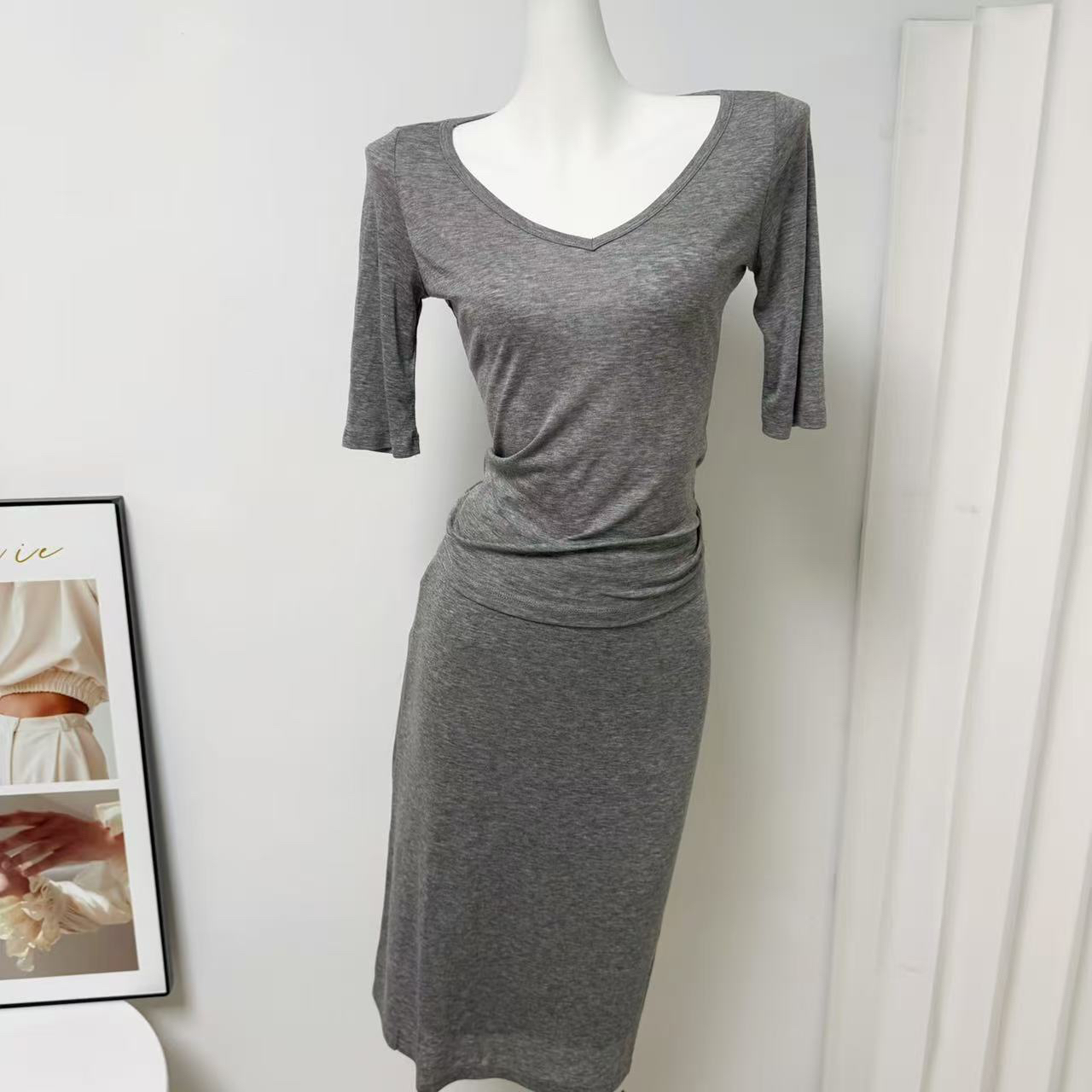 YY Women's Lyocell Wool V-Neck Mid-Sleeve T-Shirt and Straight Midi Skirt Set Summer - Image 3
