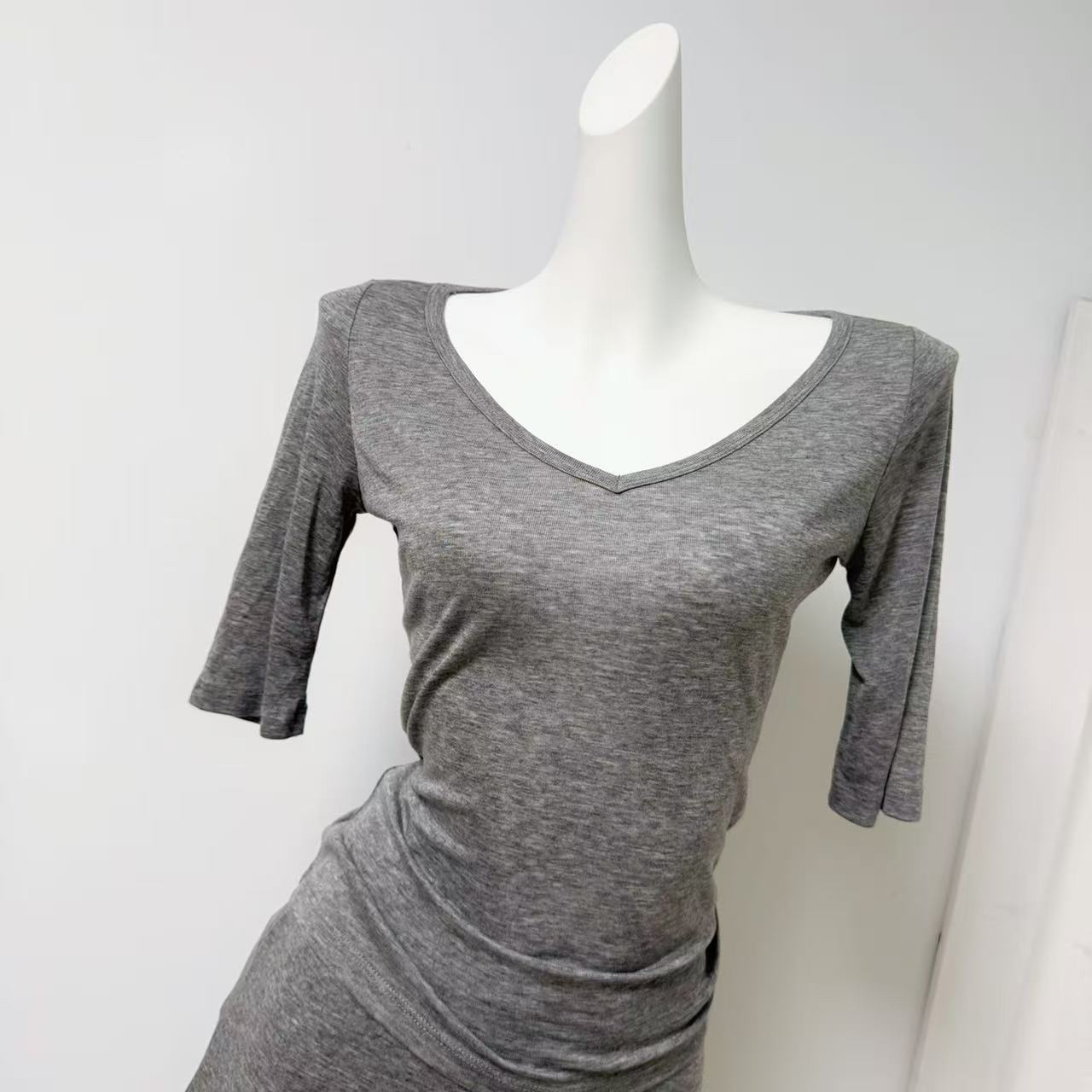 YY Women's Lyocell Wool V-Neck Mid-Sleeve T-Shirt and Straight Midi Skirt Set Summer - Image 4