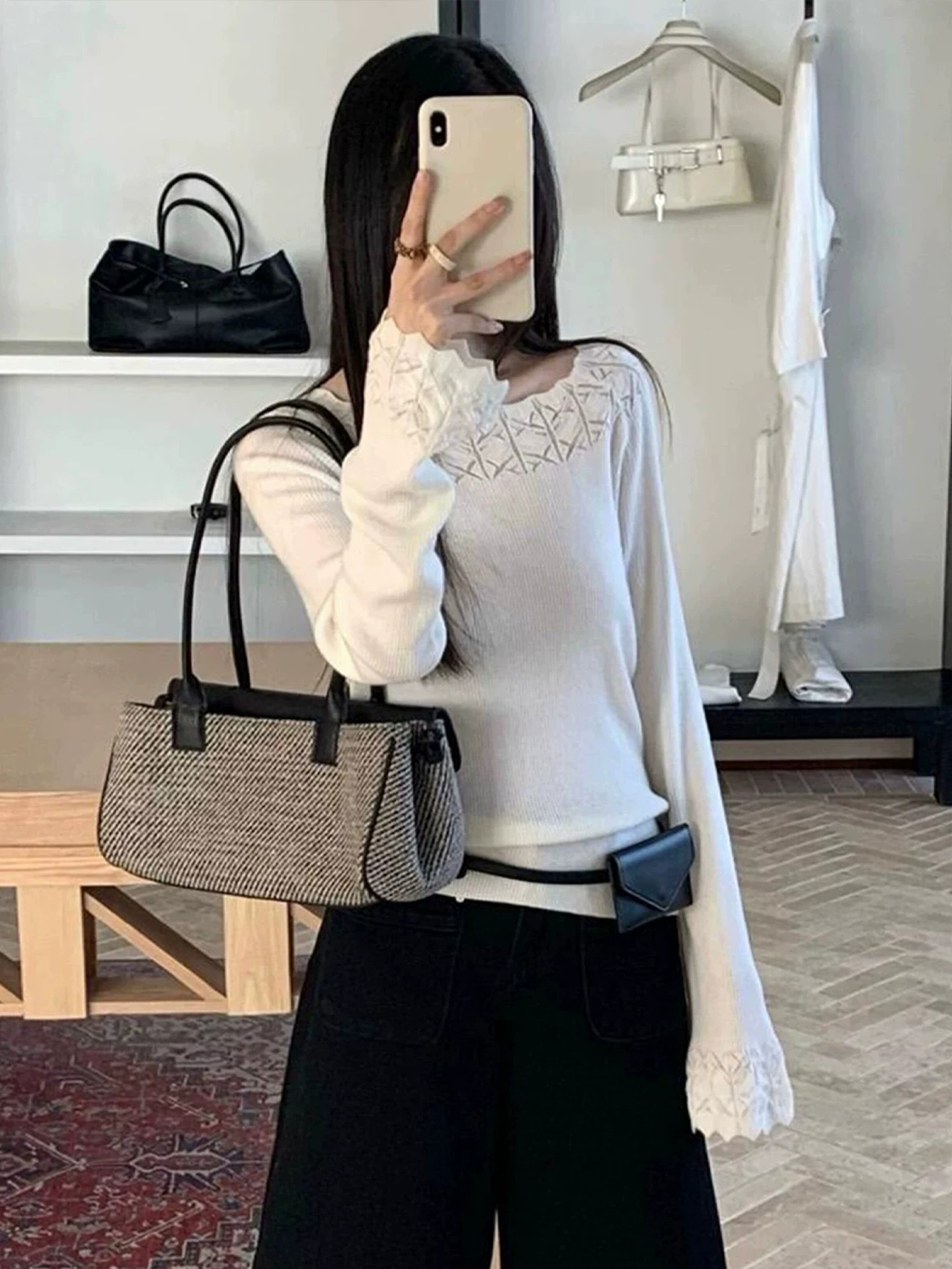 Korean Style White Round Neck Hollow Out Long Sleeve Knit Sweater for Women Autumn Petite Lazy Atmosphere Base Top - Image 4