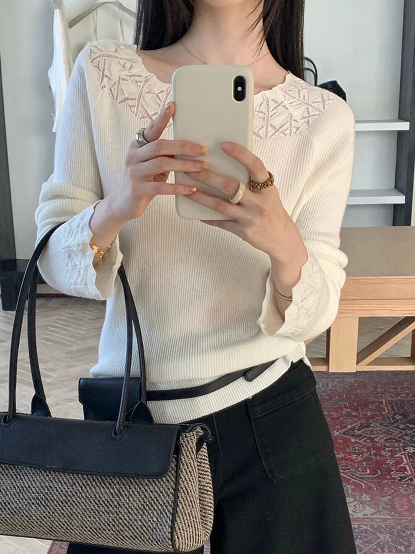 Korean Style White Round Neck Hollow Out Long Sleeve Knit Sweater for Women Autumn Petite Lazy Atmosphere Base Top - Image 3