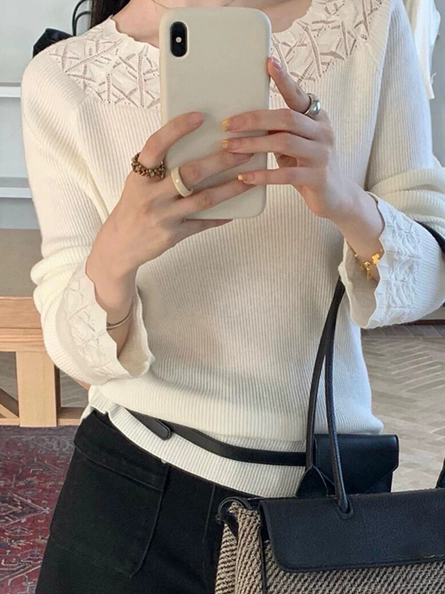 Korean Style White Round Neck Hollow Out Long Sleeve Knit Sweater for Women Autumn Petite Lazy Atmosphere Base Top