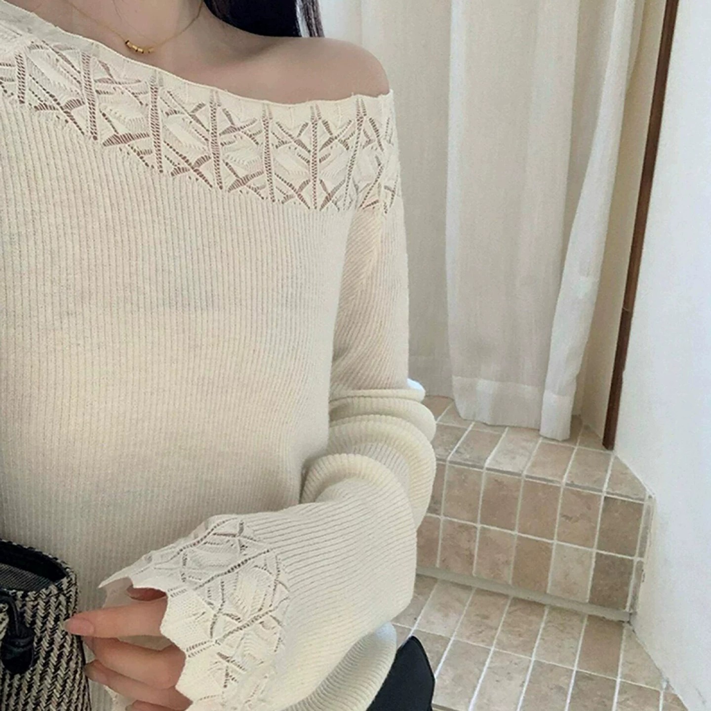 Korean Style White Round Neck Hollow Out Long Sleeve Knit Sweater for Women Autumn Petite Lazy Atmosphere Base Top - Image 5