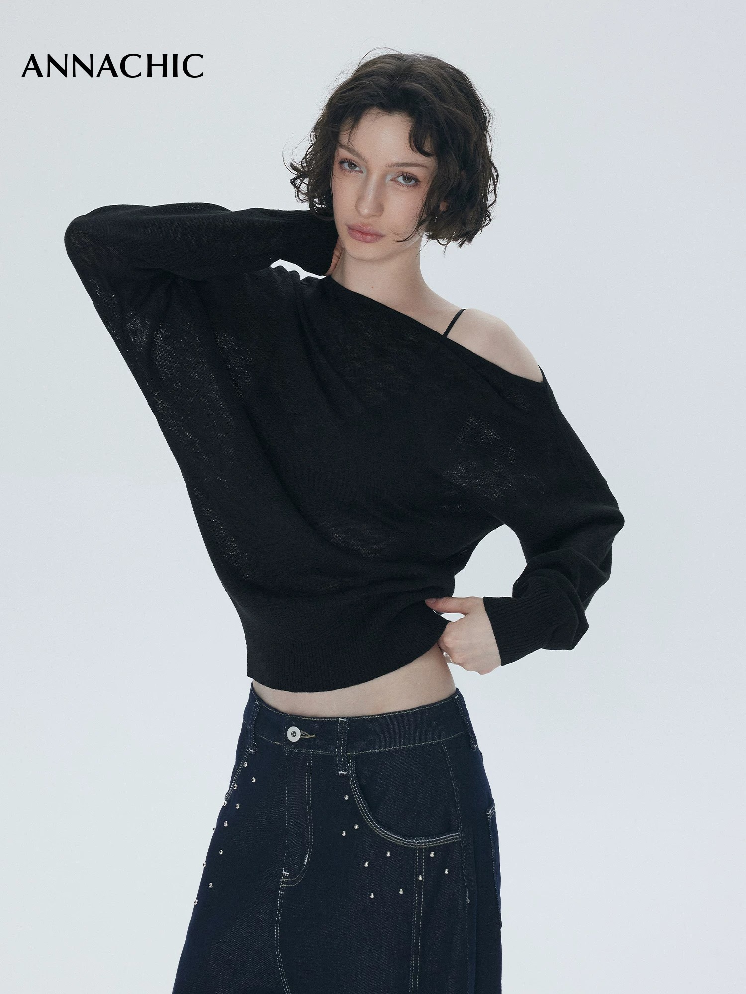 ANNACHIC Summer Lazy Lightweight Sheer One-Shoulder Boat Neck Knit Cover-Up - Image 3