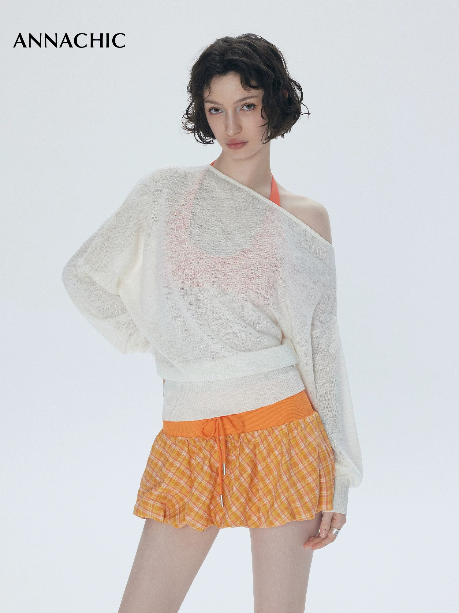 ANNACHIC Summer Lazy Lightweight Sheer One-Shoulder Boat Neck Knit Cover-Up