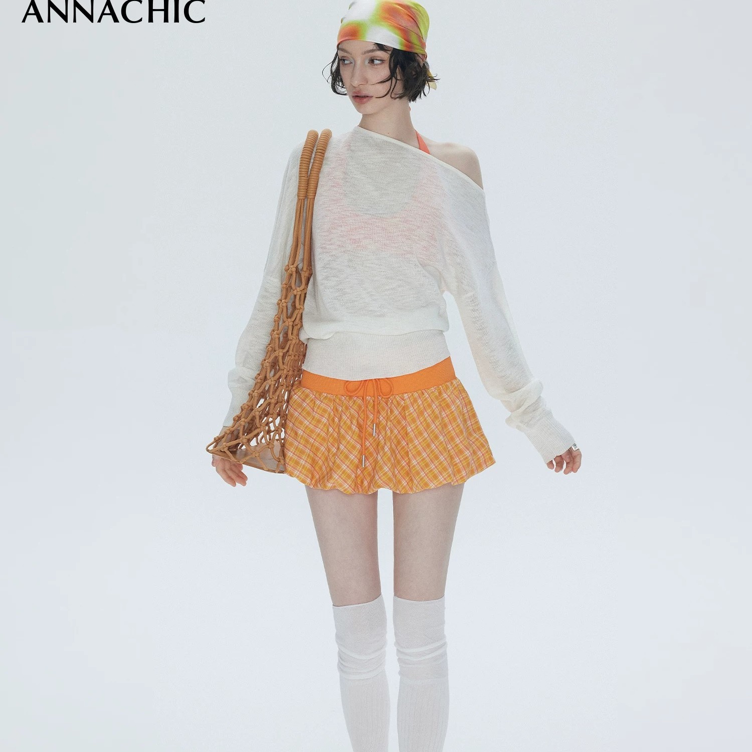 ANNACHIC Summer Lazy Lightweight Sheer One-Shoulder Boat Neck Knit Cover-Up - Image 5