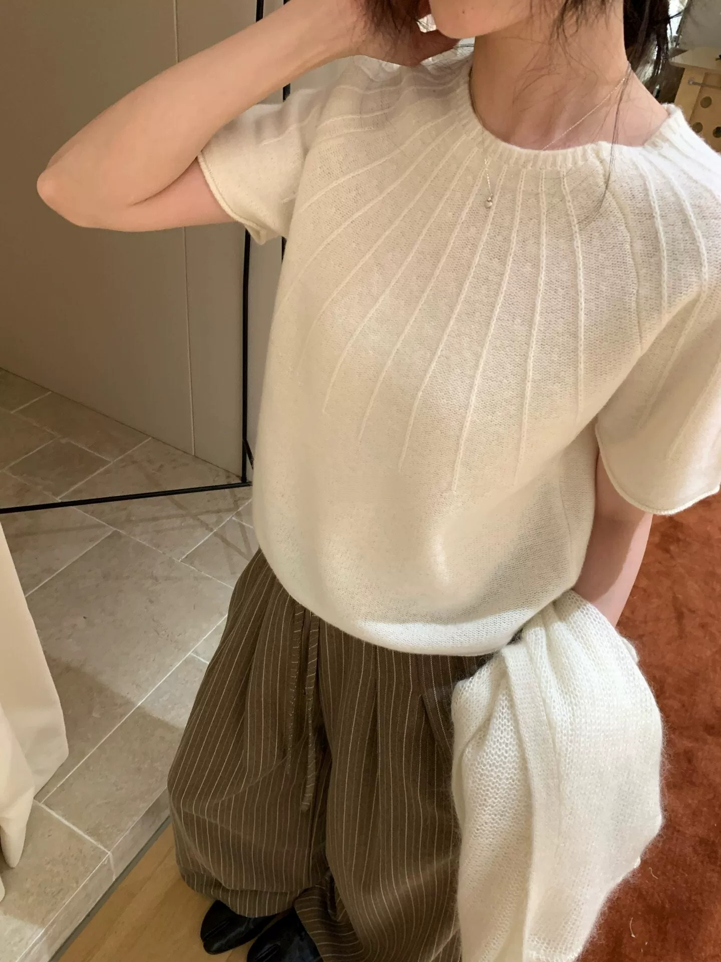 Elegant Textured Purple Knit Short Sleeve Sweater T-Shirt for Women Autumn Casual Round Neck