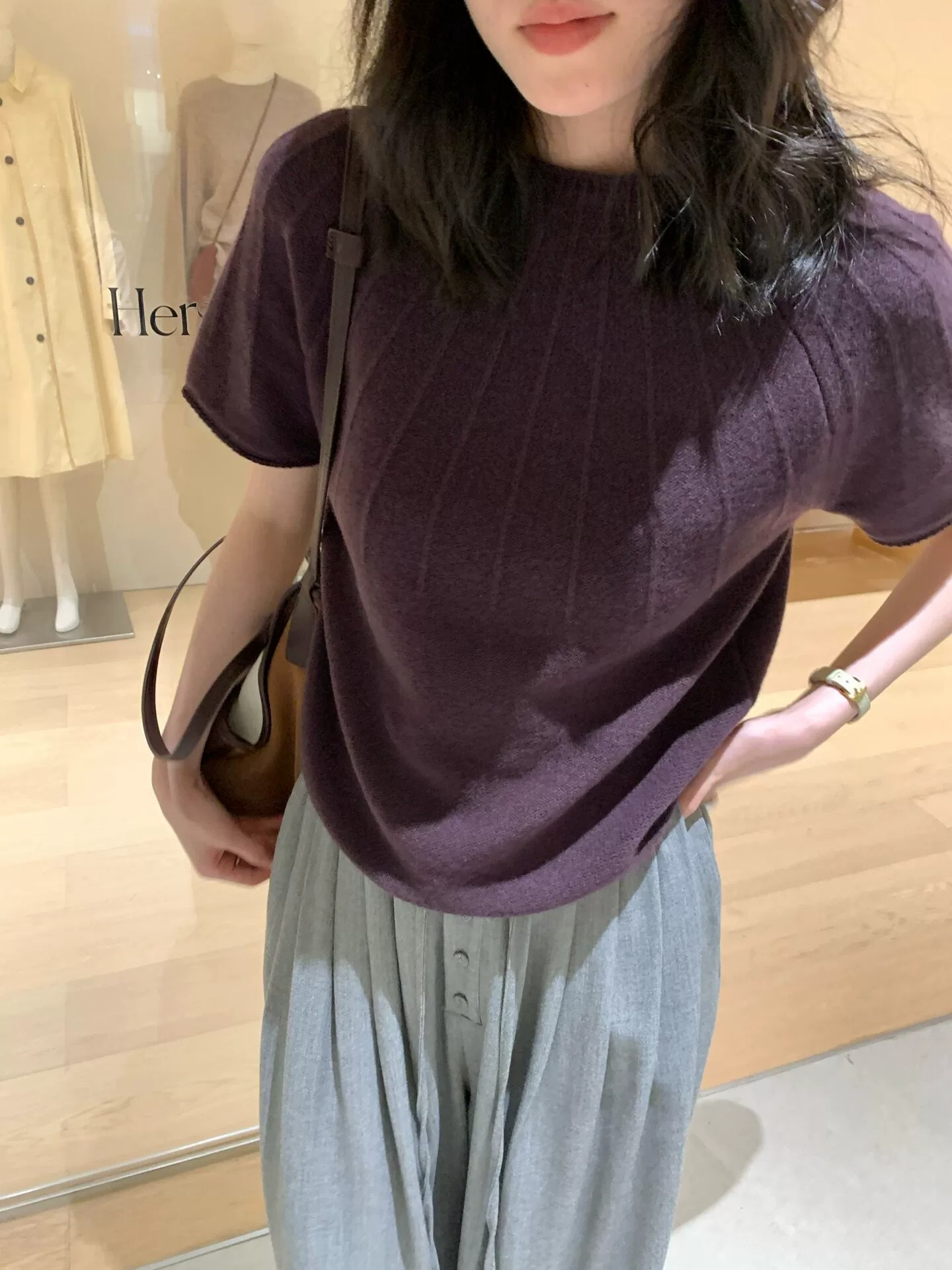 Elegant Textured Purple Knit Short Sleeve Sweater T-Shirt for Women Autumn Casual Round Neck