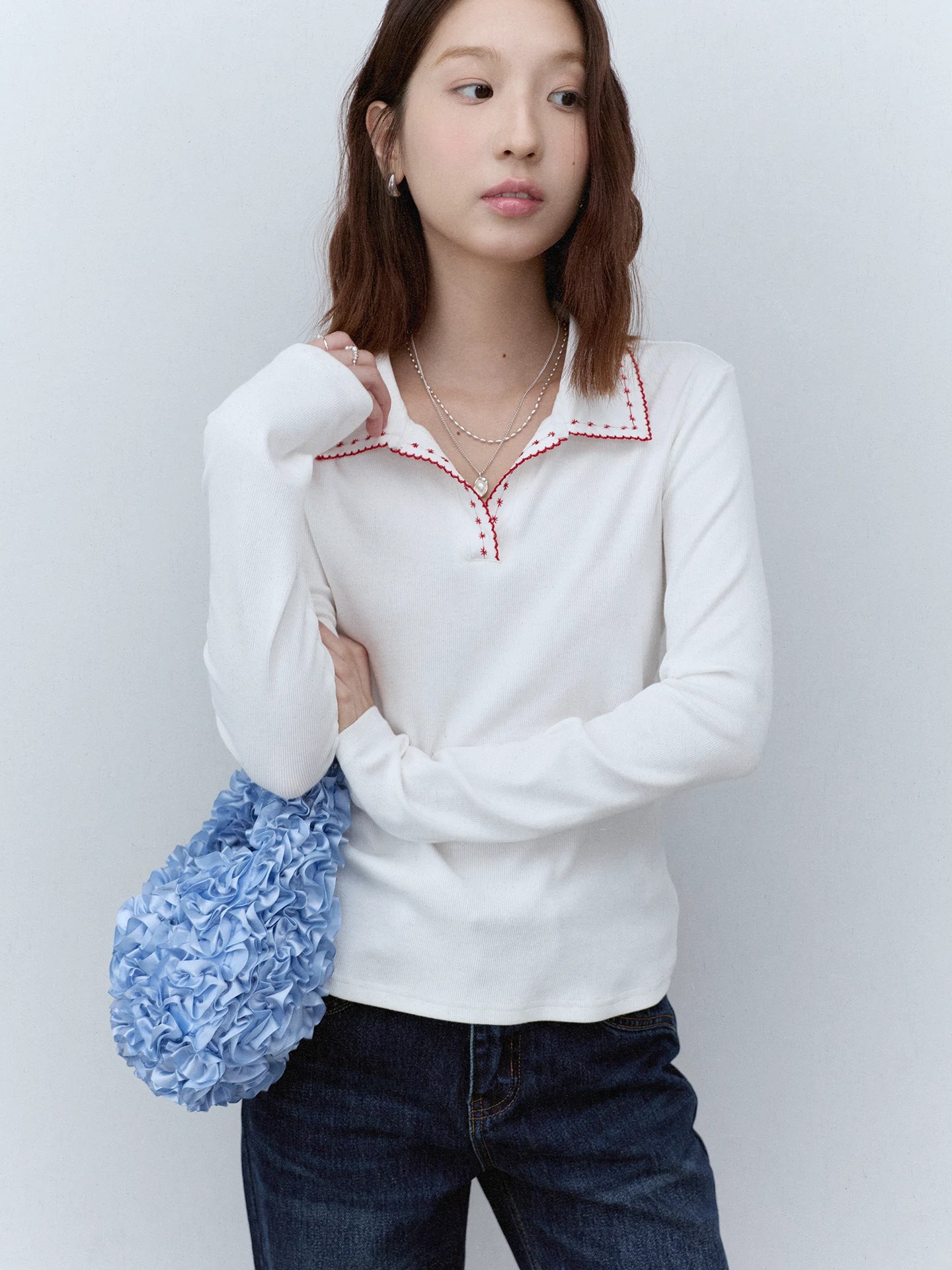Women's Color-Block Embroidered Lapel Knit Top Fall Slimming Pullover - Image 2
