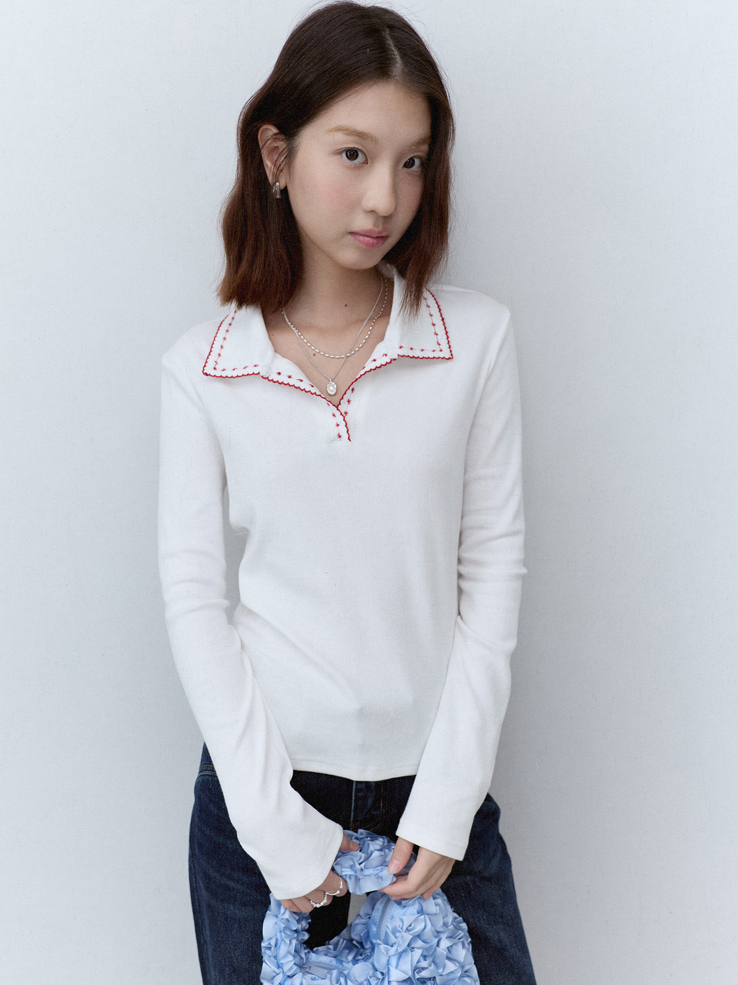 Women's Color-Block Embroidered Lapel Knit Top Fall Slimming Pullover