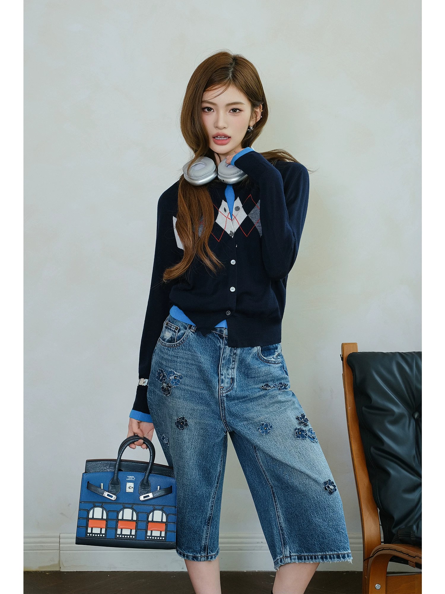 Navy Preppy Argyle Knit Cardigan Sweater Long Sleeve Women - Image 2