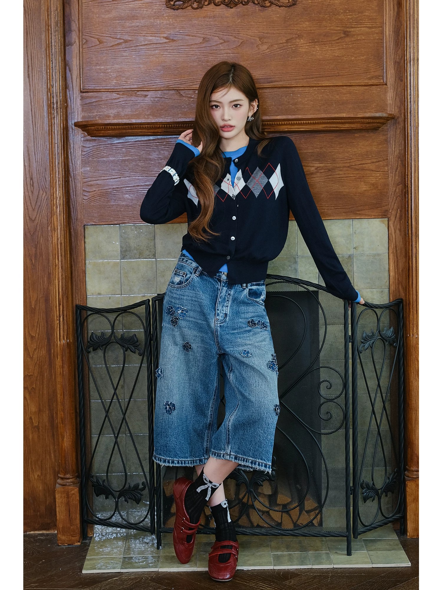 Navy Preppy Argyle Knit Cardigan Sweater Long Sleeve Women - Image 4