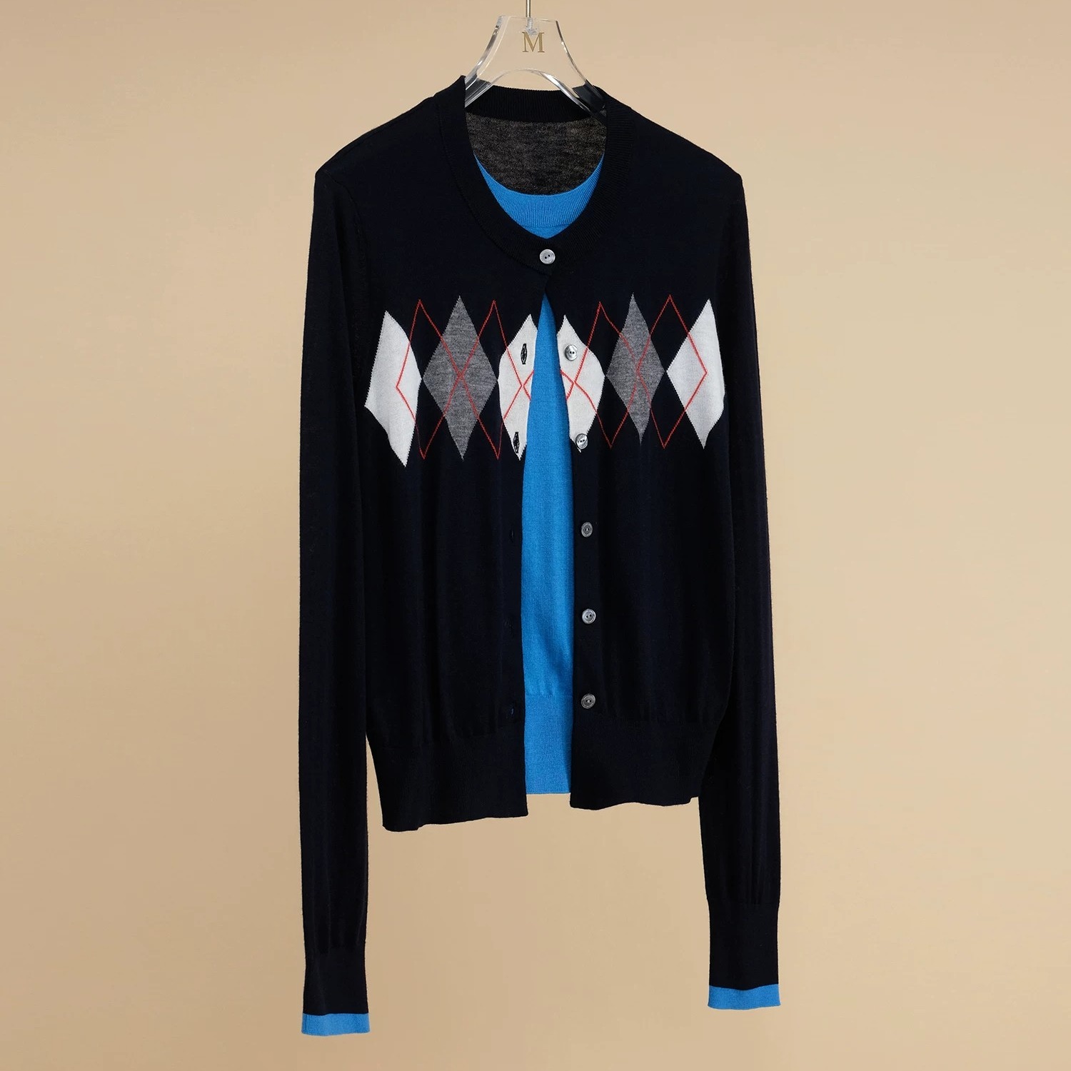 Navy Preppy Argyle Knit Cardigan Sweater Long Sleeve Women - Image 5