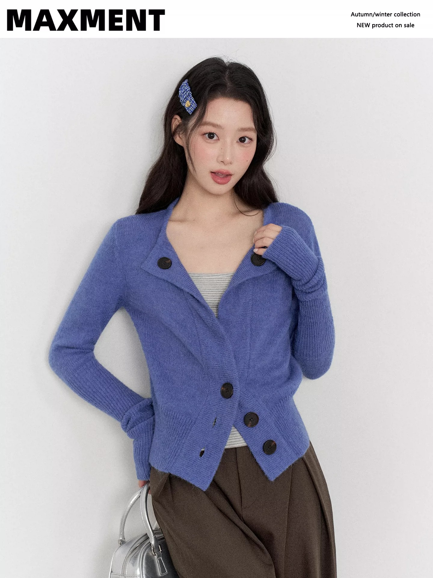 MAXMENT Blue Mohair Waist-Cinched Knit Cardigan Sweater with Cami and Wide-Leg Pants Casual Set