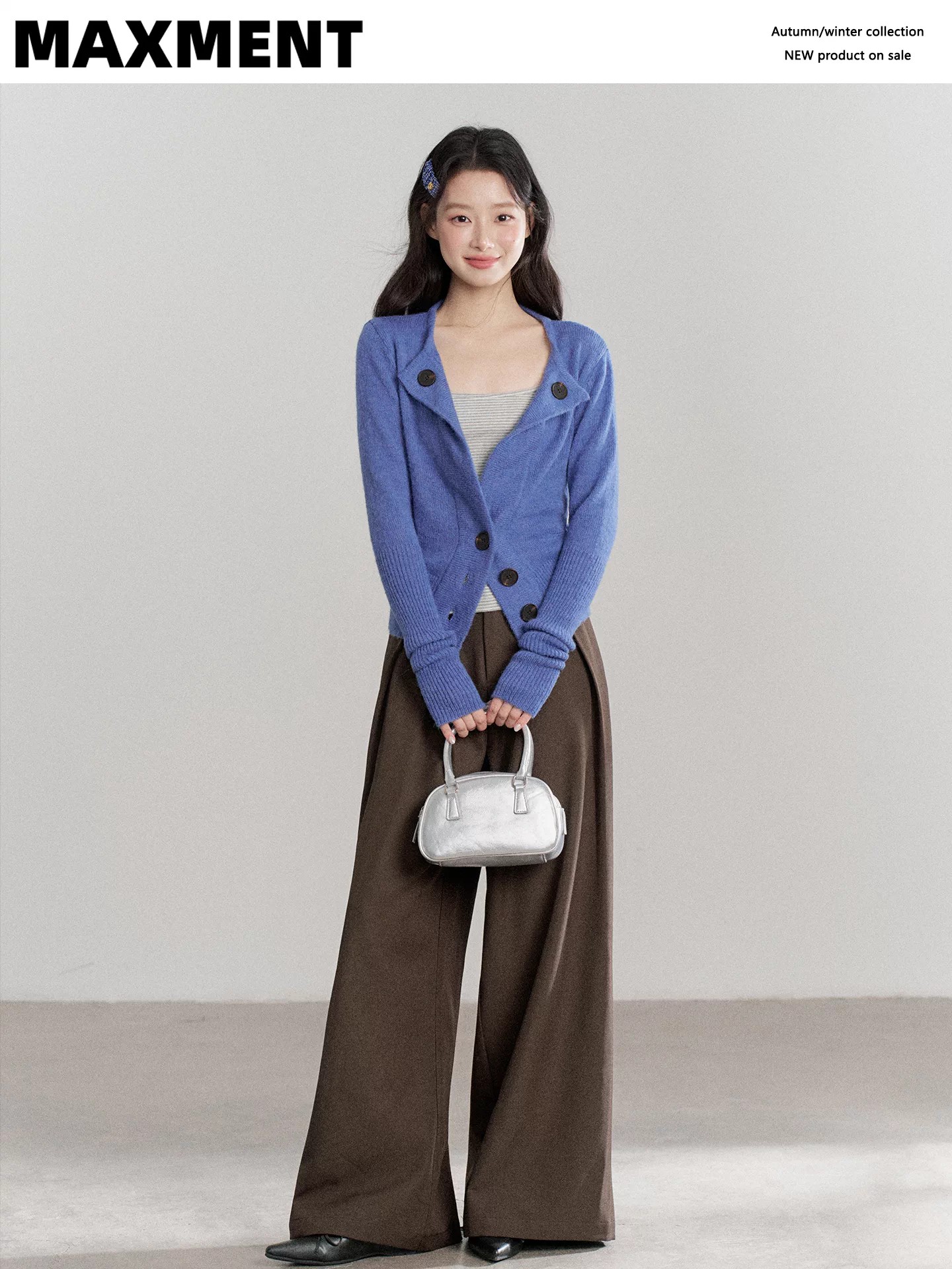 MAXMENT Blue Mohair Waist-Cinched Knit Cardigan Sweater with Cami and Wide-Leg Pants Casual Set - Image 4