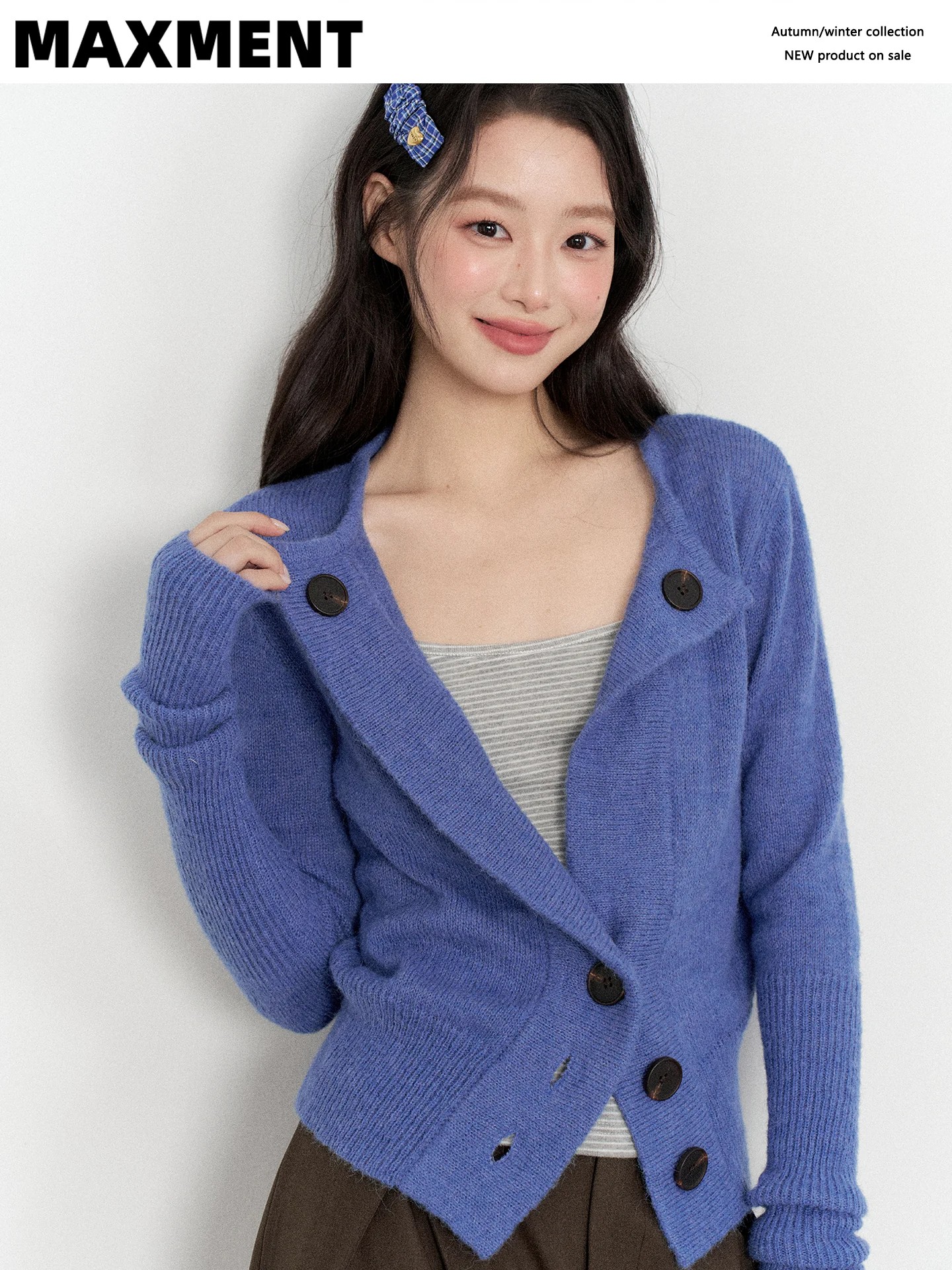 MAXMENT Blue Mohair Waist-Cinched Knit Cardigan Sweater with Cami and Wide-Leg Pants Casual Set - Image 3