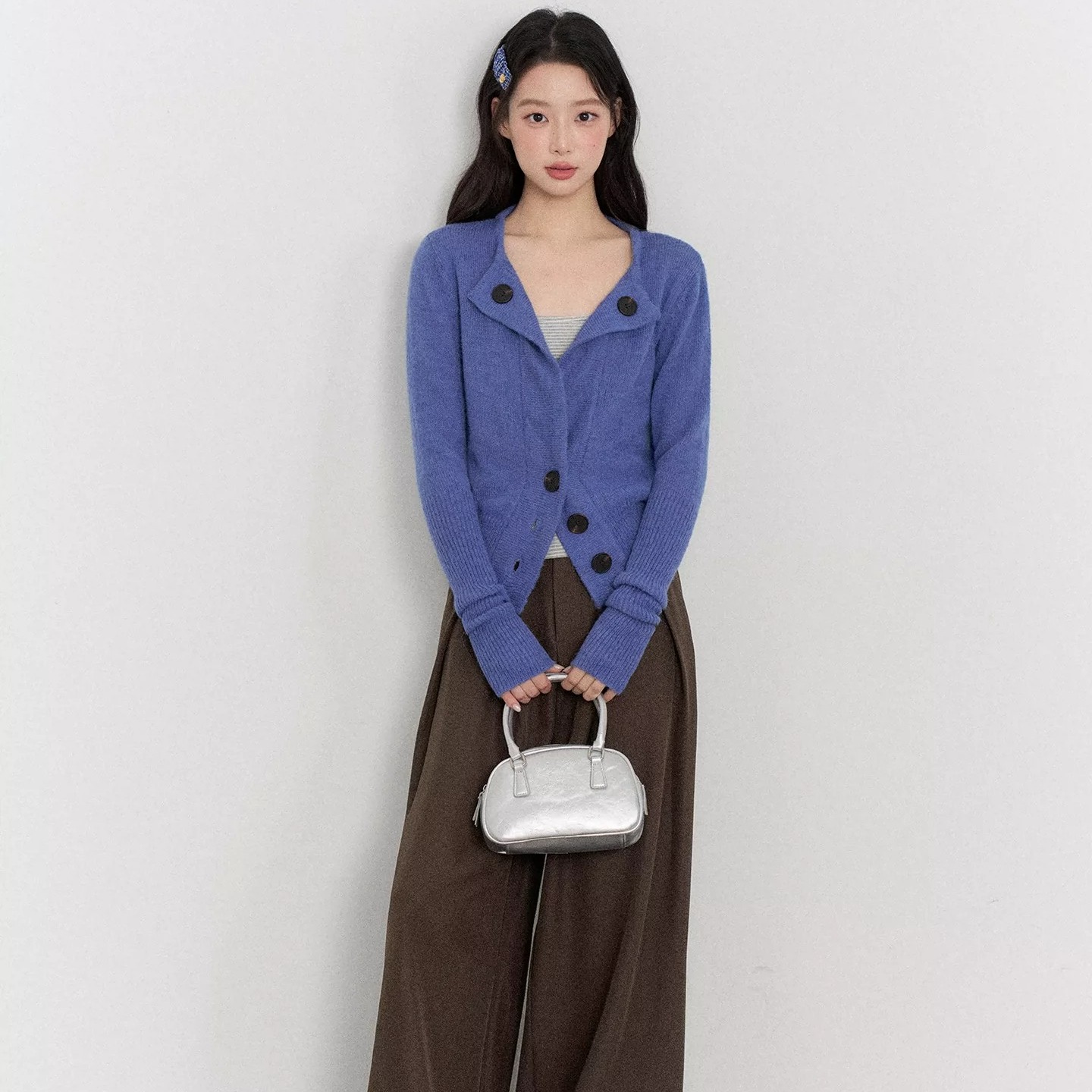MAXMENT Blue Mohair Waist-Cinched Knit Cardigan Sweater with Cami and Wide-Leg Pants Casual Set - Image 5