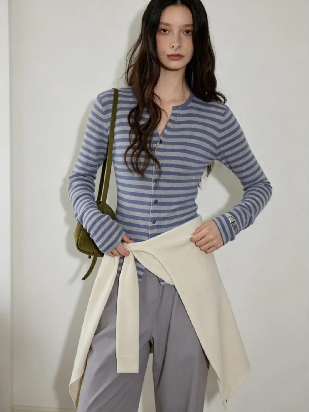 French Retro Color Block Striped V-Neck Long Sleeve Knit Cardigan for Women