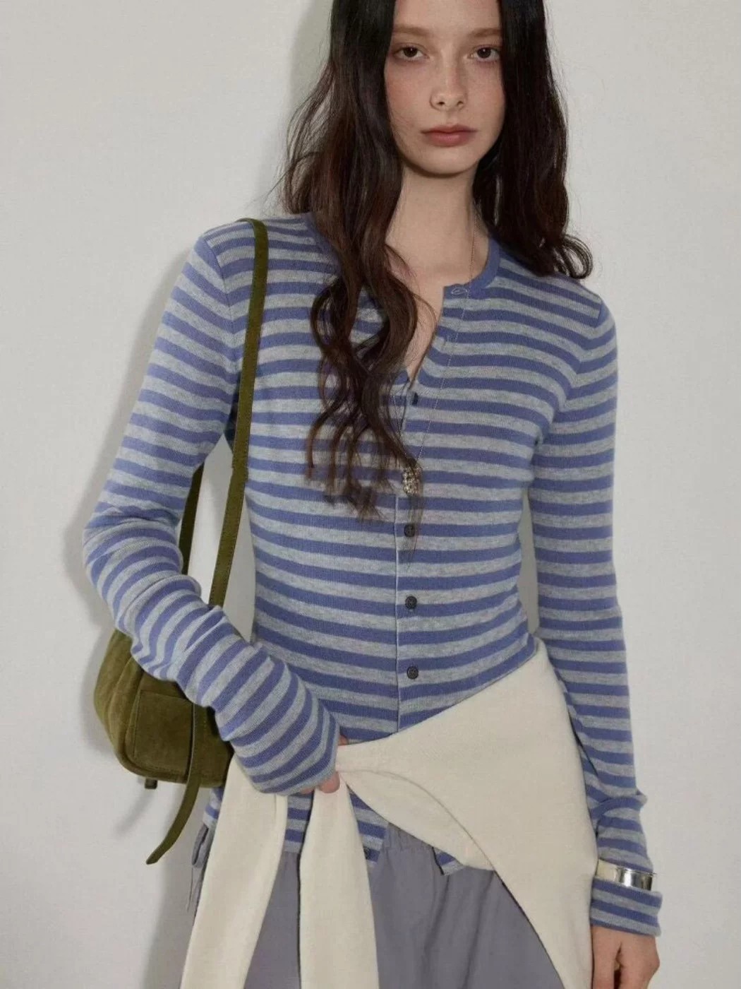 French Retro Color Block Striped V-Neck Long Sleeve Knit Cardigan for Women