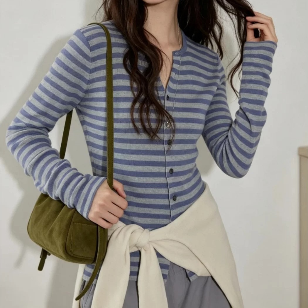 French Retro Color Block Striped V-Neck Long Sleeve Knit Cardigan for Women - Image 5