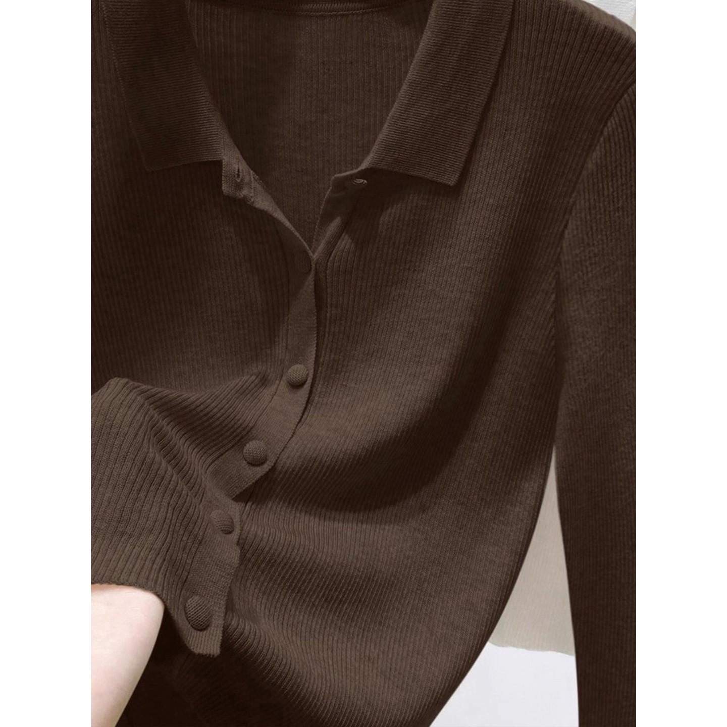 Brown Coffee Long Sleeve Polo Knit Cardigan Top for Women Fall 2026 Loose Slimming