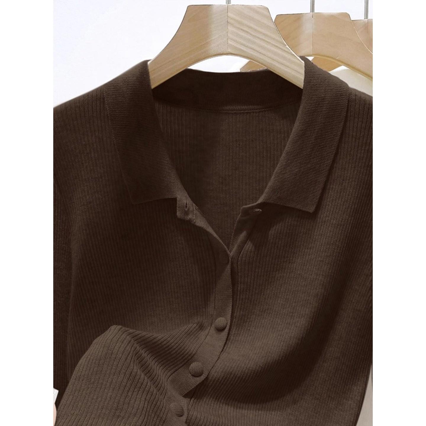 Brown Coffee Long Sleeve Polo Knit Cardigan Top for Women Fall 2026 Loose Slimming - Image 3