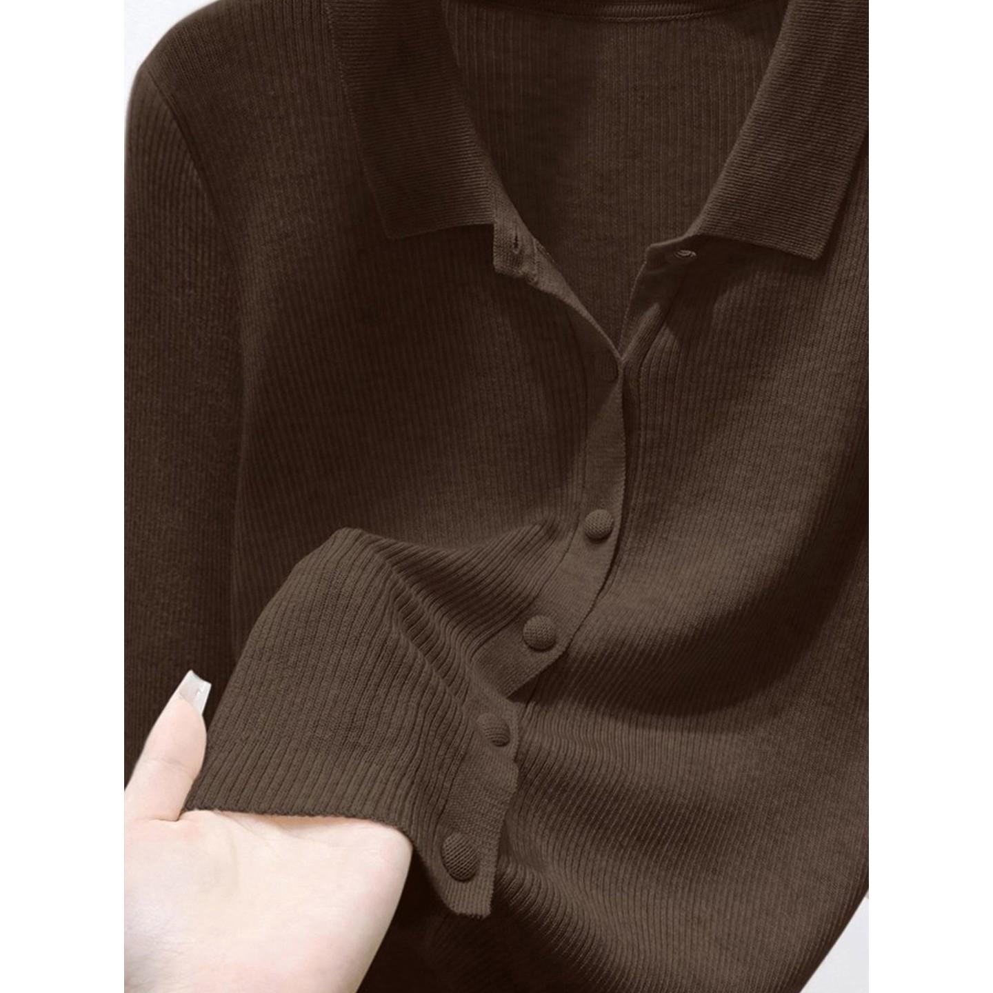Brown Coffee Long Sleeve Polo Knit Cardigan Top for Women Fall 2026 Loose Slimming - Image 5