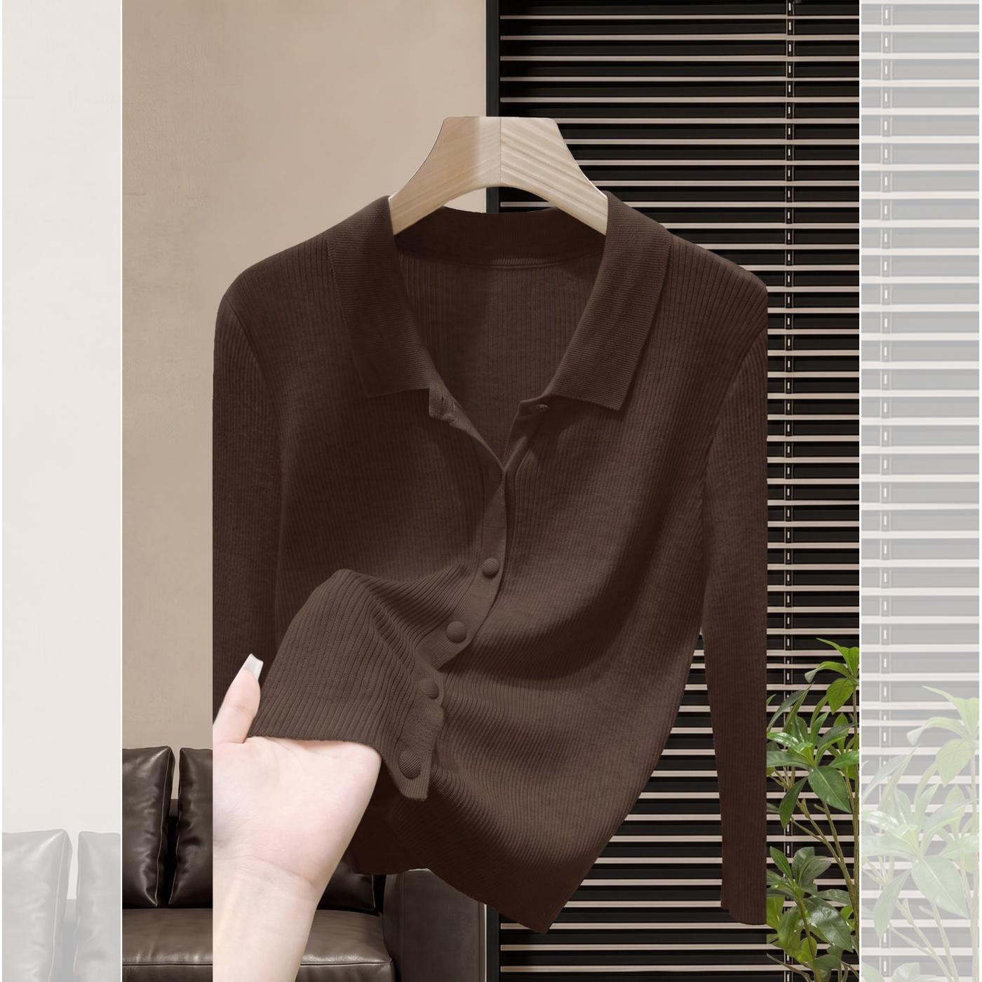 Brown Coffee Long Sleeve Polo Knit Cardigan Top for Women Fall 2026 Loose Slimming