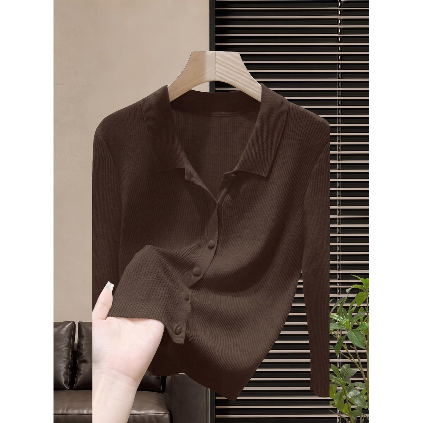 Brown Coffee Long Sleeve Polo Knit Cardigan Top for Women Fall 2026 Loose Slimming - Image 4