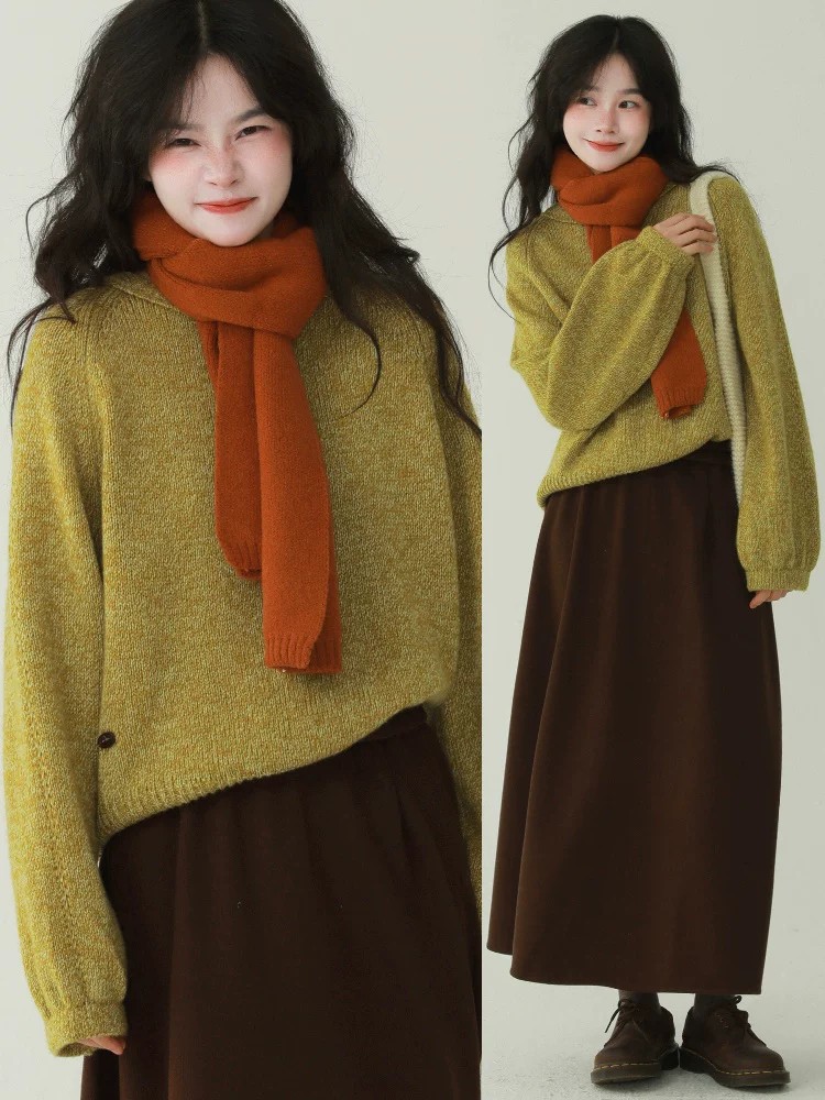 Korean Style Orange Round Neck Pullover Sweater Women Fall Winter Loose Lazy Knit Top - Image 4