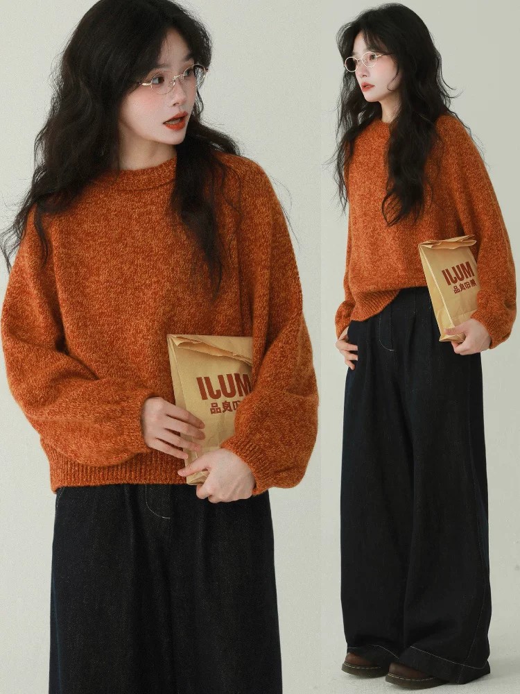 Korean Style Orange Round Neck Pullover Sweater Women Fall Winter Loose Lazy Knit Top