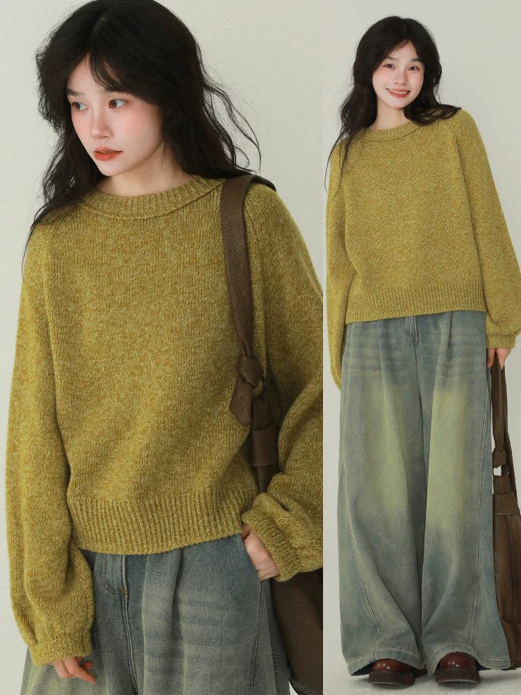 Korean Style Orange Round Neck Pullover Sweater Women Fall Winter Loose Lazy Knit Top - Image 3