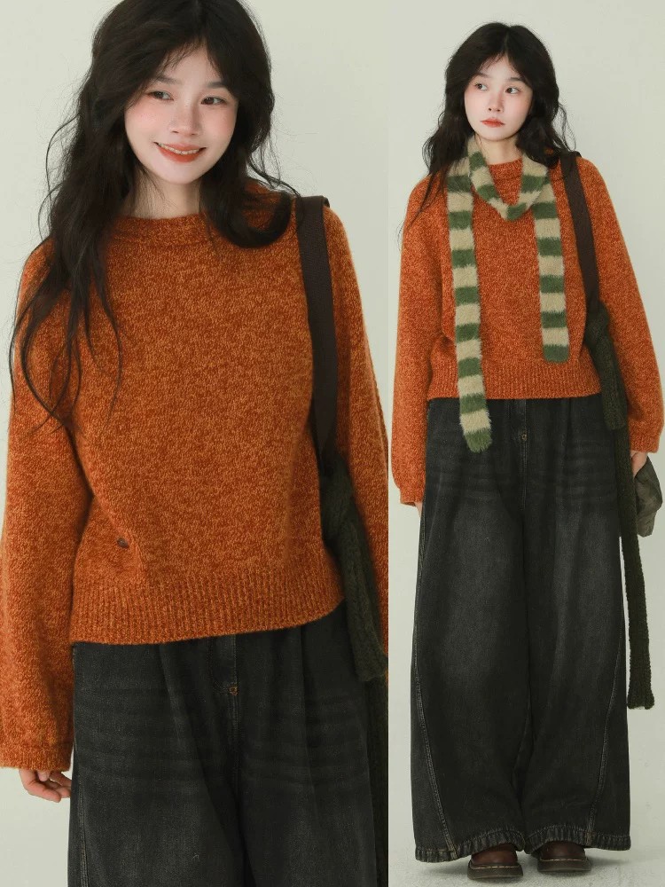 Korean Style Orange Round Neck Pullover Sweater Women Fall Winter Loose Lazy Knit Top